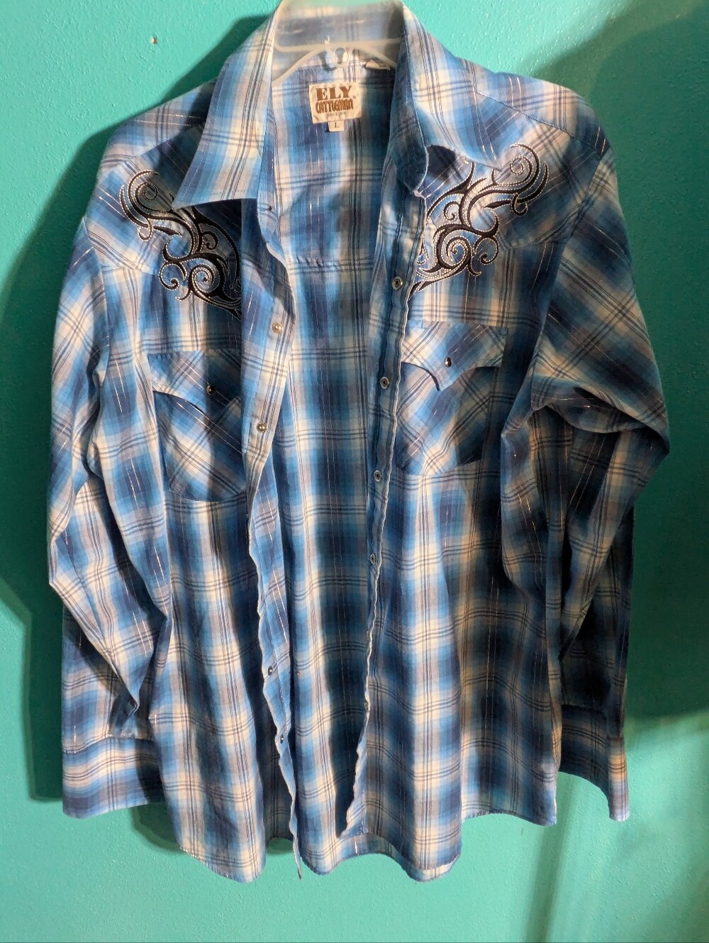 Vintage Ely Cattleman Embroidered Pearl Snap Western Plaid Shirt - Size L